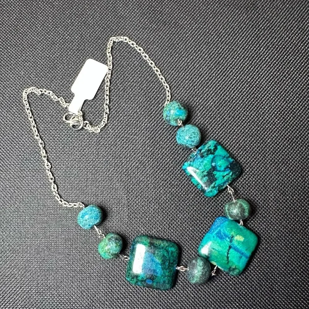 Chrysocolla necklace square and round beats handmade one of a kind gemstone